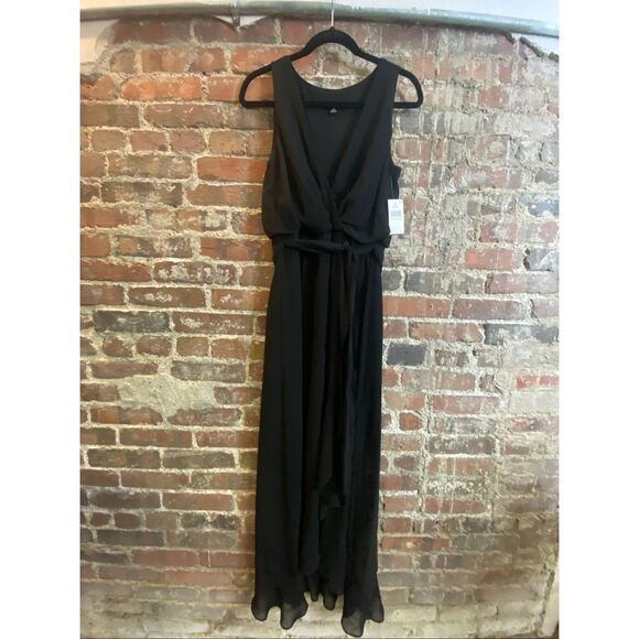 SLNY SL Fashions New York • Black Semi-Shear with liner Gathered Empire Waist V- - Picture 1 of 15